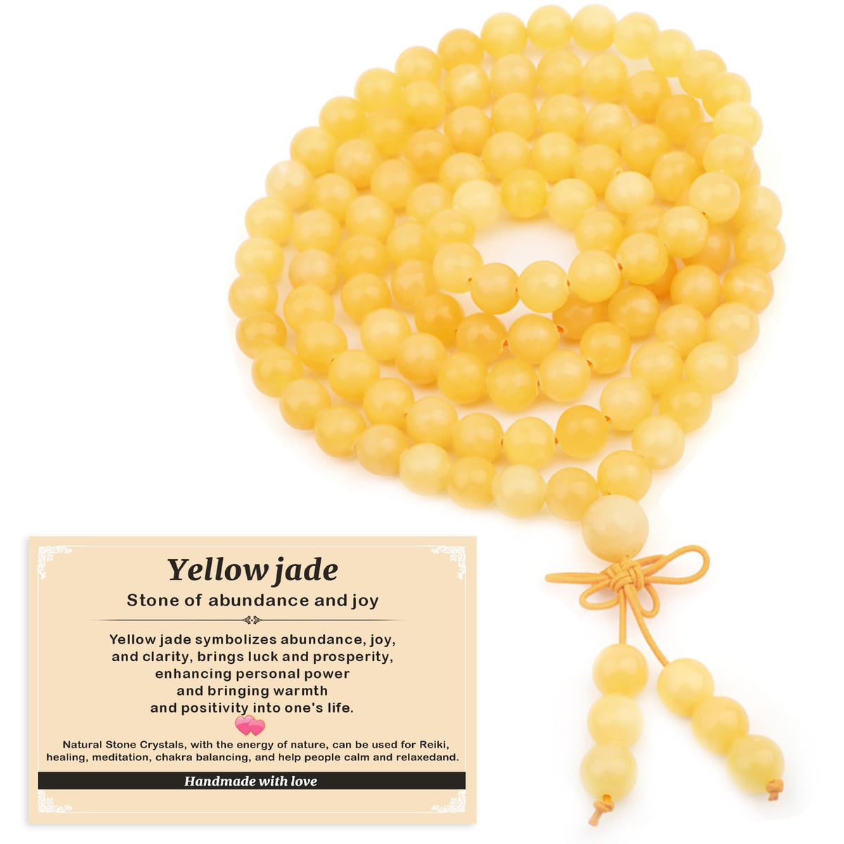 AD Beads 8mm 108 Prayer Mala Yellow jade Elastic Bracelet - Abundance and Joy - Handmade Yoga Meditation Healing Power Energy Gifts for Unisex Adult.