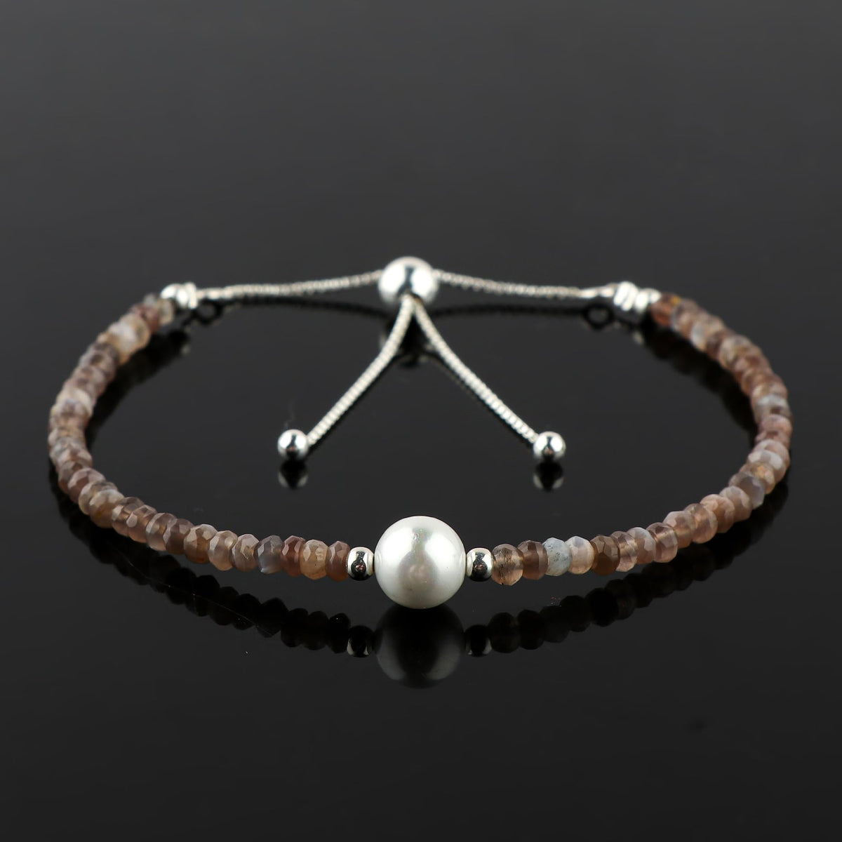 CRYSTALINES Natural Grey Moonstone Gemstones Beads Bolo Bracelets with Pearl, Handmade, Beaded Bracelet, Real Crystals Jewelry, Women Bracelet, Silver Plated Adjustable Chain 6+4inch, A Grade