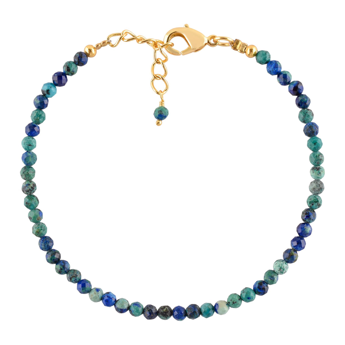 Natural Azurite Gemstone Micro Beads Dainty Bracelet Jewelry for Women, Chakra Energy Crystals, 14k Gold Plated Chain 8 inch Adjustable