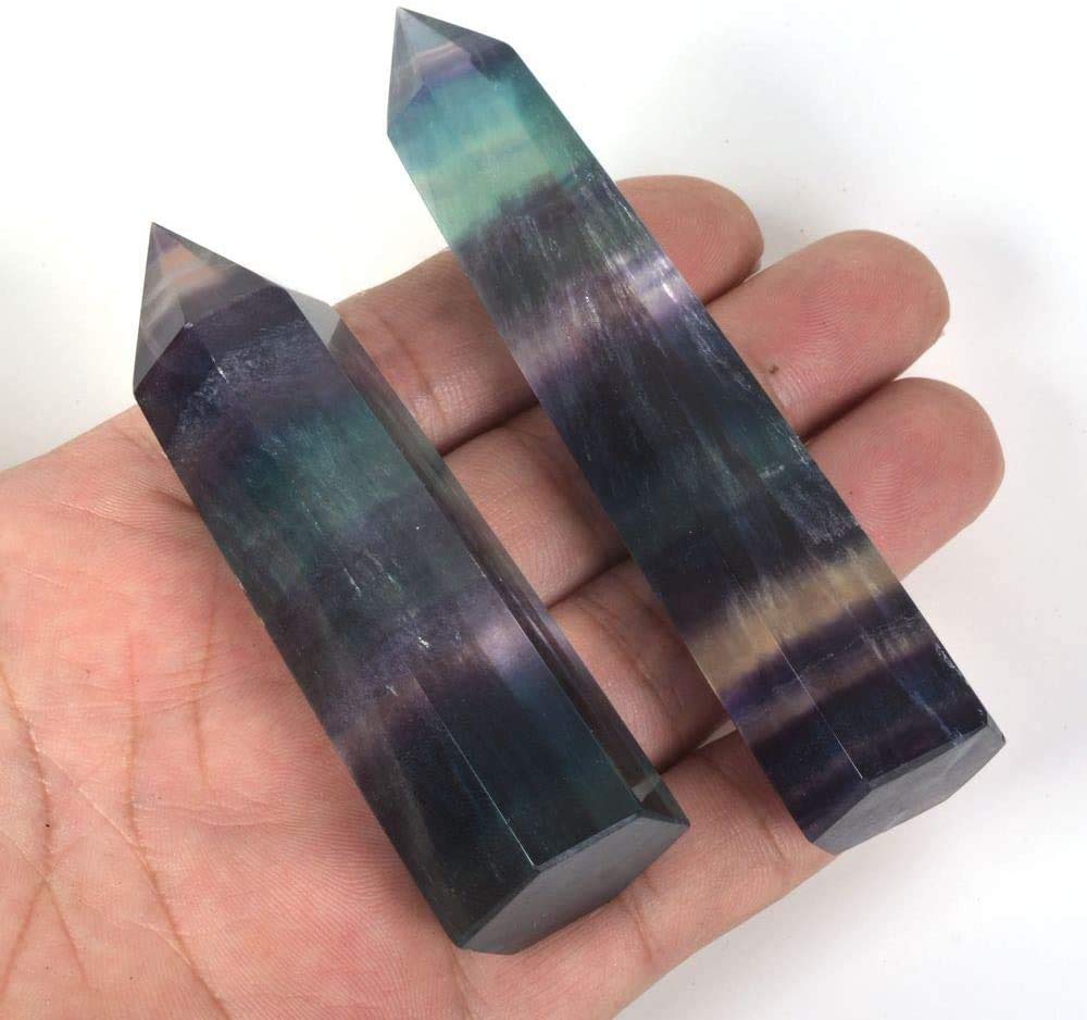 Angelstones Natural Rainbow Fluorite Gemstone Healing Crystal Hexagonal Pointed Reiki Chakra Faceted Prism Wand Carved Stone Figurine Home Decor