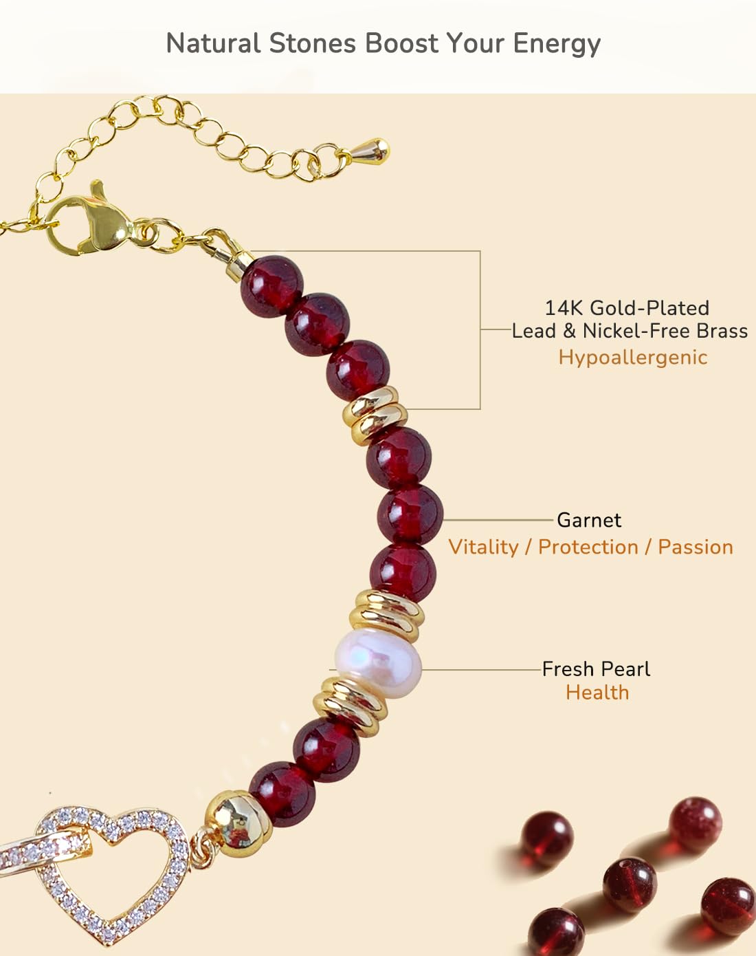 YEETONDA Four Leaf Clover & Heart Natural Gemstone Rainbow Bracelets Jewelry 16th 21st 30th 40th 50th 60th 70th 80th Birthday Gifts For Women Mom Sister Friend Daughter Niece(Garnet)