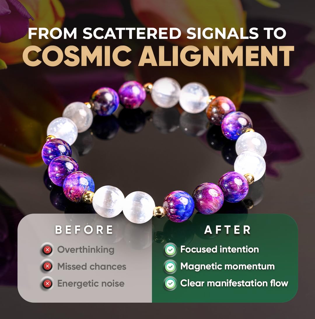 Conscious Items Cosmic Energy Amplifier, Galaxy Tiger Eye Beads Bracelet with Selenite Crystal for Manifestation, Clarity, & Confidence, Wealth Bracelet with 14K Gold-Plated Accents for Women & Men
