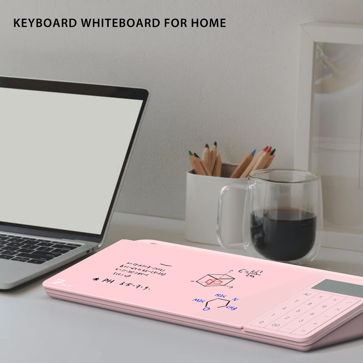 TOWON Desk Dry Erase Board with Detachable Calculator, Small Glass Desktop Whiteboard, Desktop whiteboard - Glass Dry Erase White Board- Desk Computer Buddy for Home Office Supply, Pink, 17 x 6 in