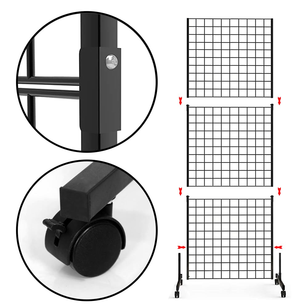 Eastern Tree 2 Packs 2'x 5' Six Pieces Gridwall Panels Stand with T-Base, Black Wire Grid Wall Display Racks with Wheels, Craft Show Display Rack, Retail Display, Extra More 16 Pieces Hooks