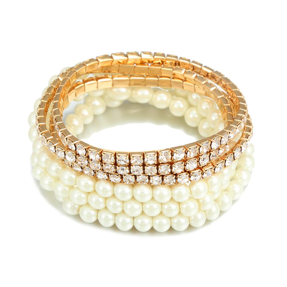COLORFUL BLING Women Multilayer Temperament Imitated Pearl Stackable Strand Bracelets Beaded Seed Heart Rhinestone Crystal Stretch Bracelet Wedding Wrist Jewelry-zircon