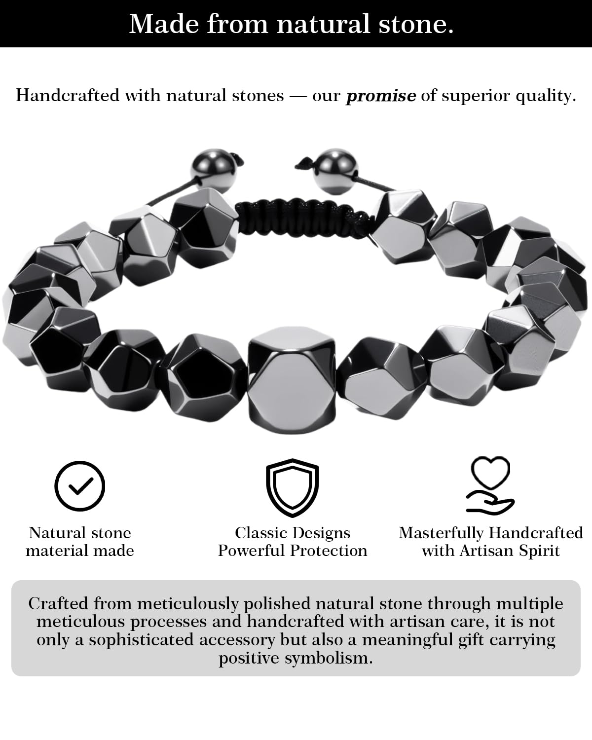 Crystery Beaded Bracelet for Men, 10mm Natural Stones Bracelet for Men's Gift, Adjustable Precision-Cut Gemstone Crystal Healing Bracelet, Protection Jewelry Gift with Hematite, Tiger Eye (Hematite)