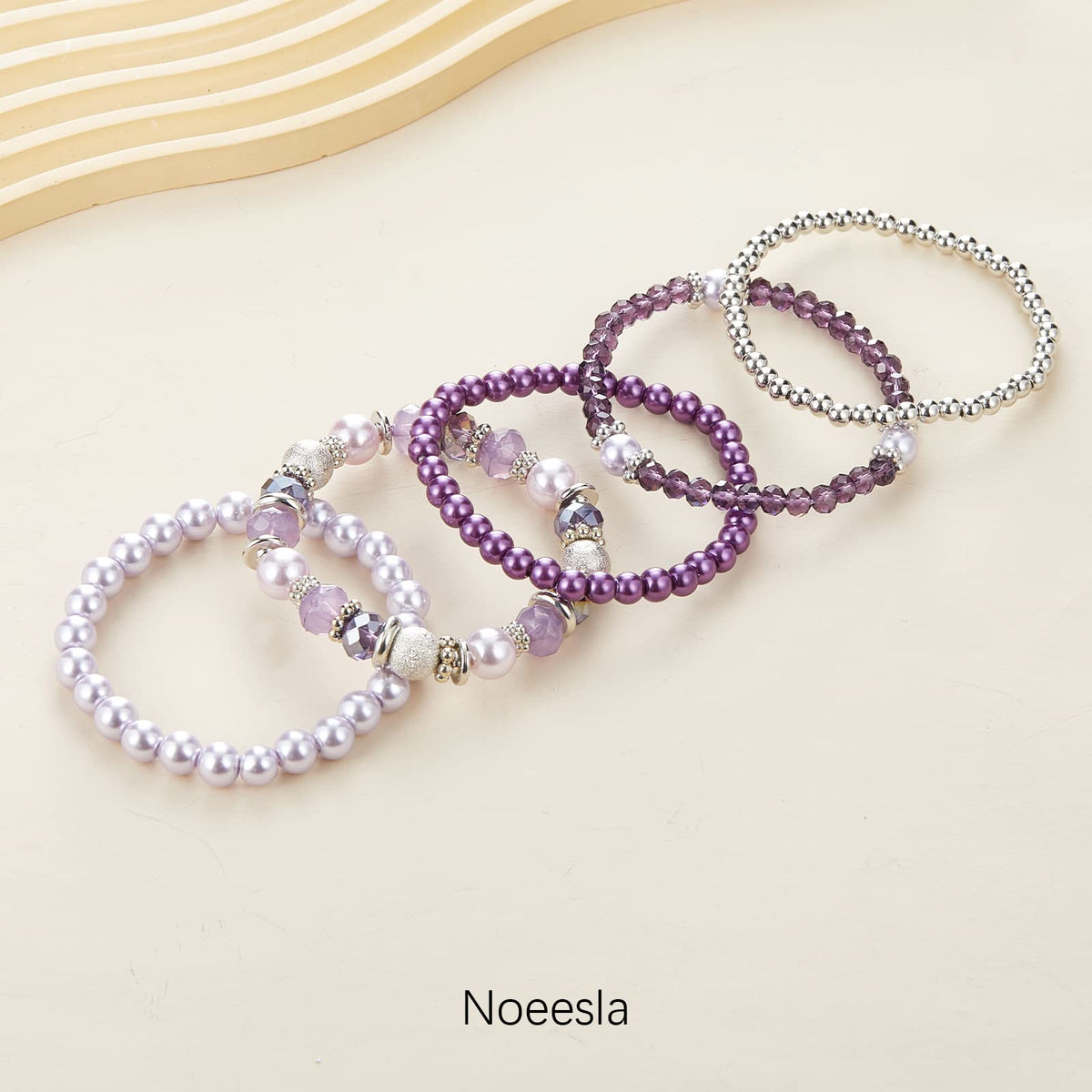 Noessla Beaded Pearl Stretch Bracelet Silver Stackable Crystal Beads Bracelets Trendy Costume Jewelry Mothers Day Gifts for Women(Purple)