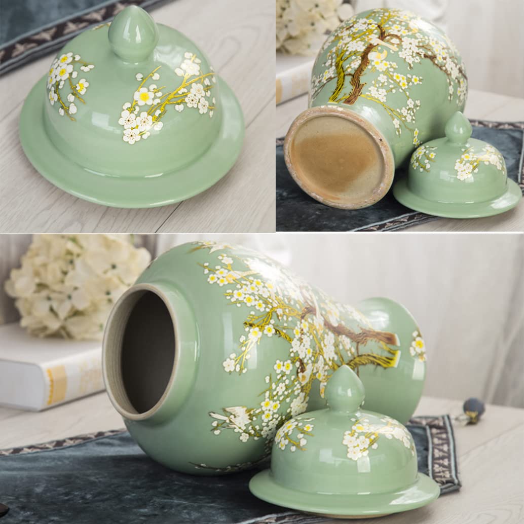 EliteBloom Green Ceramic Ginger Jar With Lid For Home Decor,Traditional Chinese Trees And Flowers Temple Jar, Jingdezhen Handcrafted Porcelain Vase Centerpiece Decor M (Green L) (Green L)