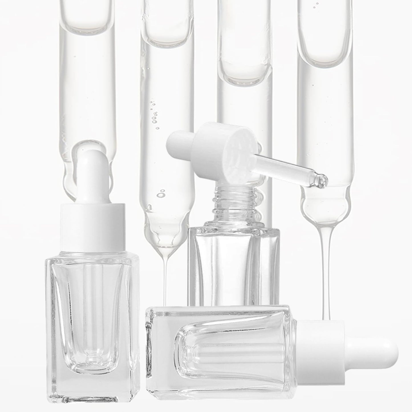 ZSAEYPHE 8 Pack Clear Square Glass Dropper Bottle 30ml Square Glass Essential Oil Bottles Refillable Vial Container for Perfume Travel(Clear-White Lids)