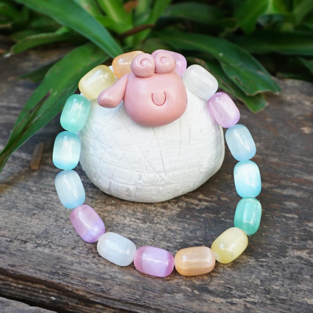 TaHLga Natural Rainbow Selenite Crystal Bracelet for Women Men | Large Plated 8x12mm Cylinder Beads | Authentic Stone with Leather Pouch, Gift Box & Repair Kit | Fits 7.5 inch Wrist
