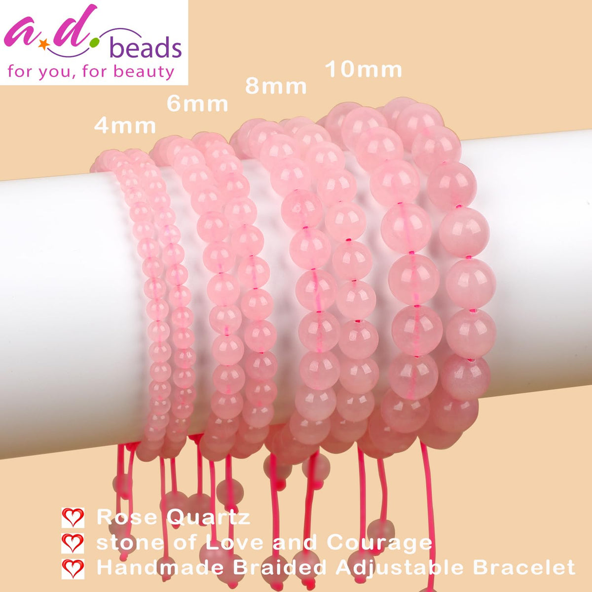 AD Beads 4mm Rose Quartz Bracelet - Stone of stone of Love and Courage - Handmade Natural Stone Crystal Bracelet with Adjustable Macrame String - Yoga Healing Power Energy Gifts for Men and Women