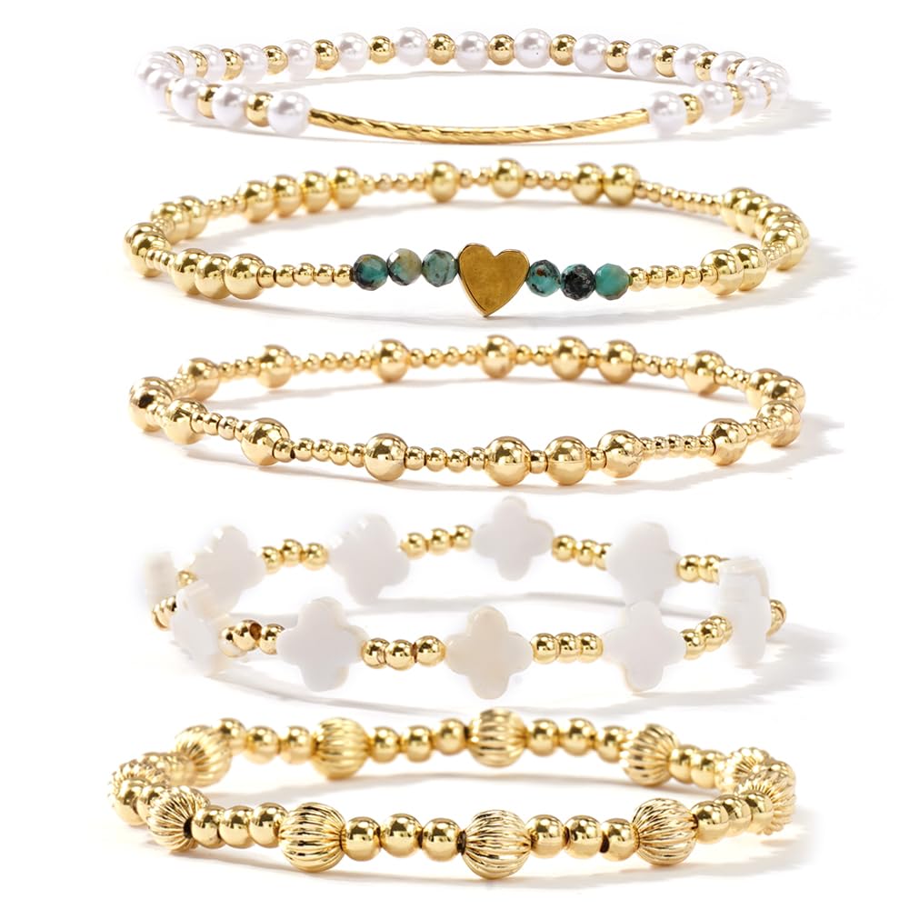 SHINUS BOHO Heart Gold Beaded Clover Pearl Bracelet Stack for Women,Bohemian Stretch Latern Beads Stackable Bracelets Set Fashion Prom Holiday Accessories Jewelry Gift Friendship