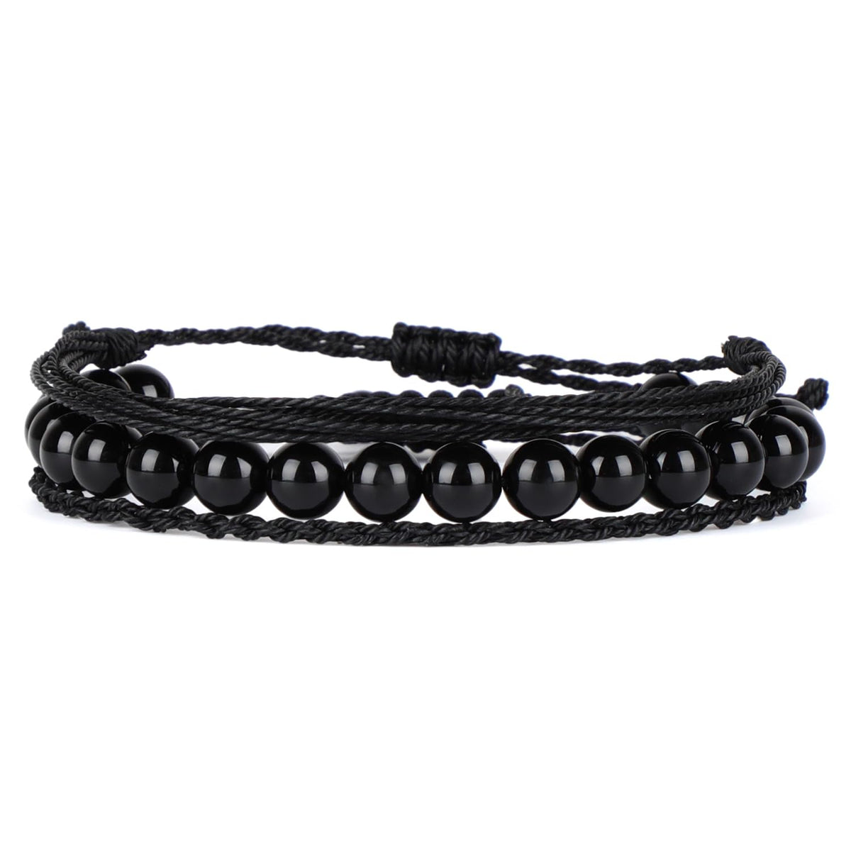 QOGIR Handmade Healing Bracelets,8mm Natural Black Onyx Gem Stone Beads Bracelet for Men Women Gifts with 2PCS Size Adjustable Rope Bracelets