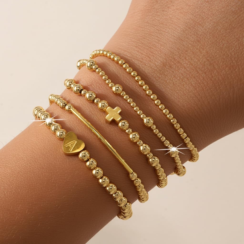 14K Gold Cross Beaded Initial Bracelet Stack for Women,Dainty Stretch Gold Plated Letter A Stackable Bracelets Bohemian Layered Prom Holiday Party Accessories Jewelry Gift Friendship