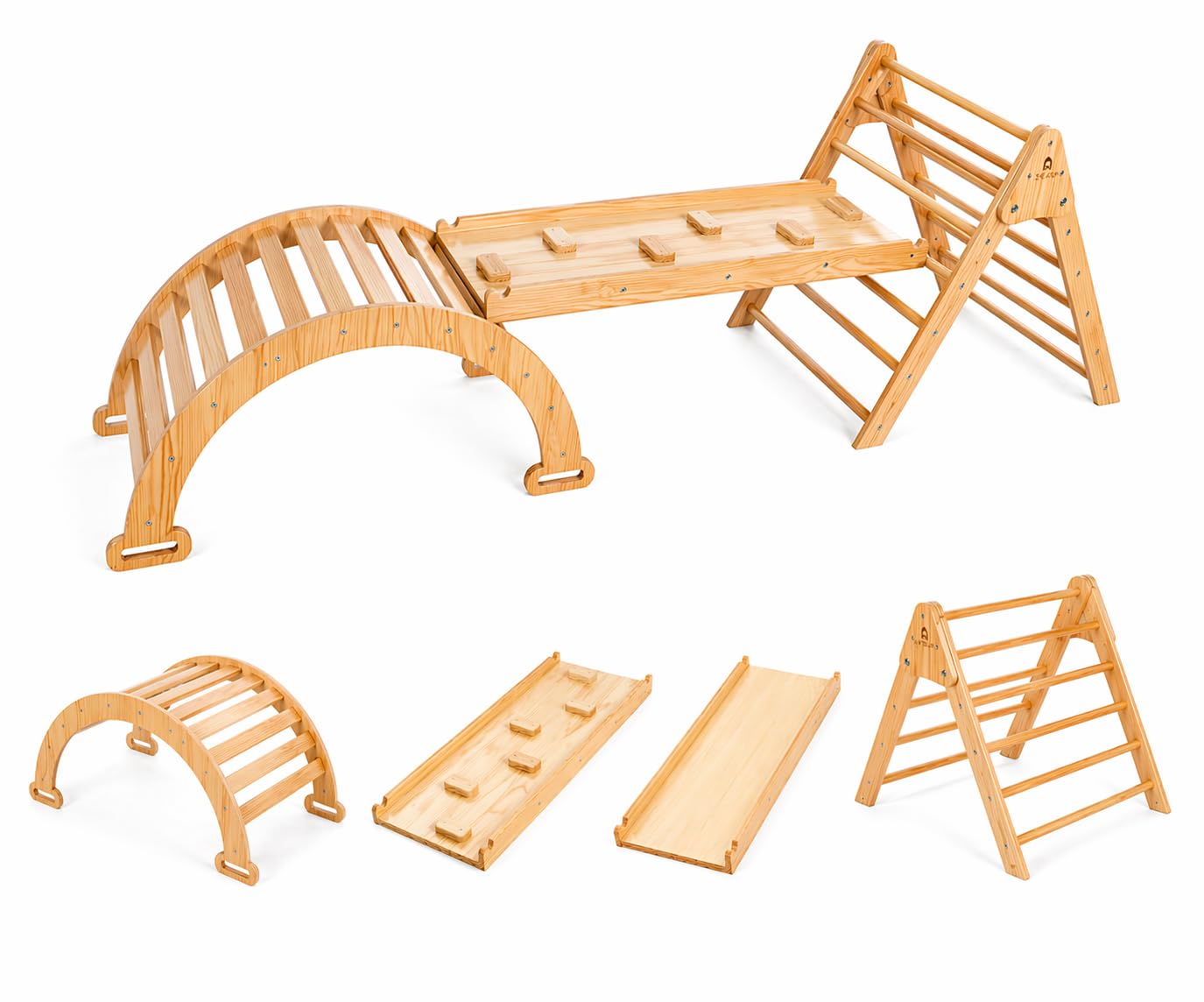 Avenlur Hazel 5-in-1 Indoor Climbing Gym - Waldorf and Montessori Climbing Set with Triangle Ladder, Climbing Ramp, Arch Climber, Rocker, and Slide - Montessori Toys for Children 18mo to 7yr (Natural)