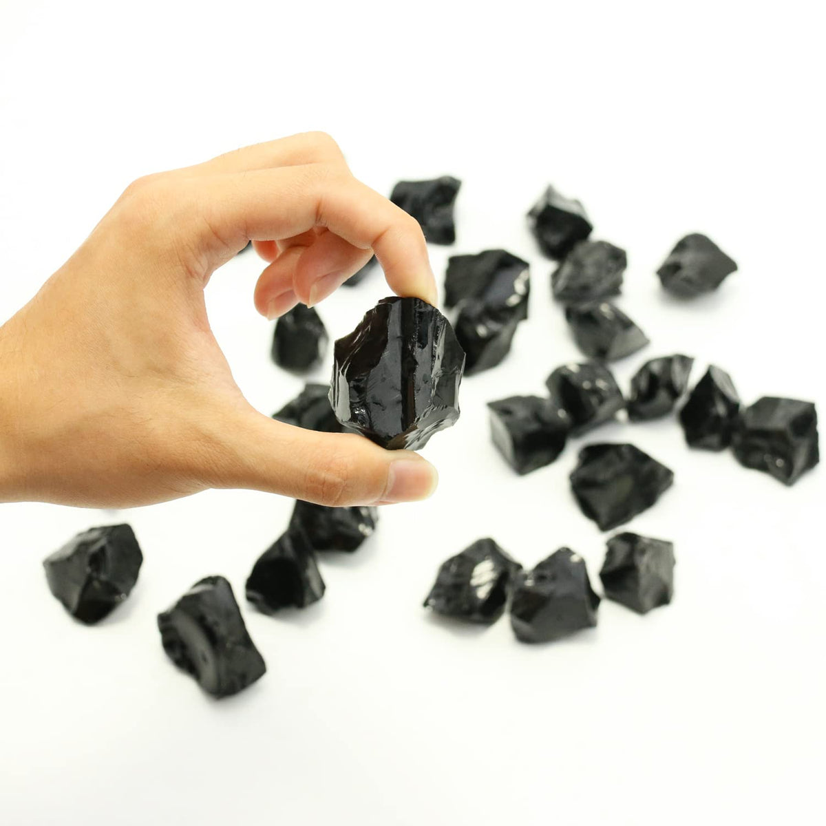 Black Obsidian Stones Crystal Bulk, Raw White Quartz Crystal Stones for Wicca, Reiki, and Energy Healing Crystals, Witchcraft Supplies, Rocks for Tumbling, Calcite Crystal, Hypnotic Gems(1 Lb)