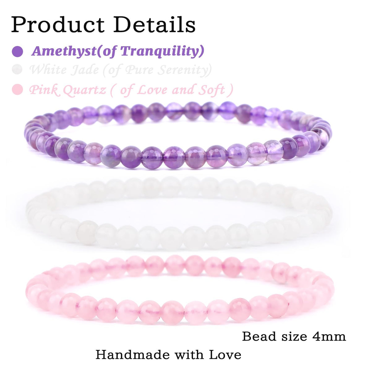 NCB 3-Piece 4mm Natural Crystal Gemstone Stretch Bracelets – ﻿Amethyst, Pink Quartz, White Jade Handmade Reiki Energy Healing Jewelry for Meditation,Yoga, Unisex