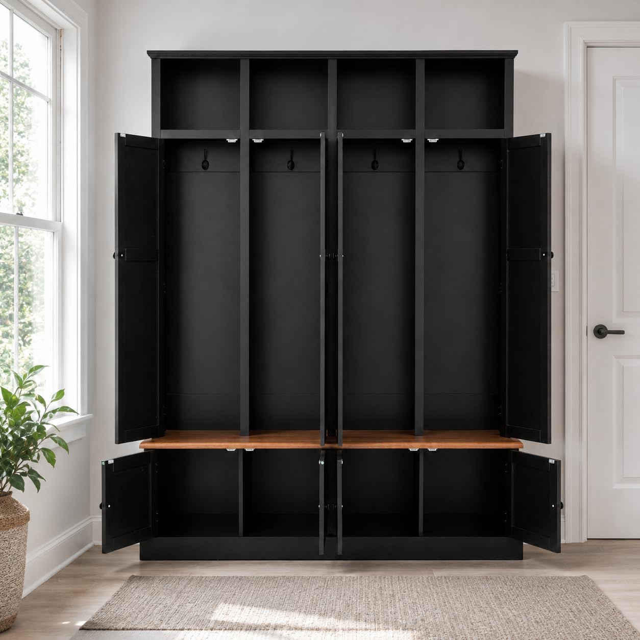 FILWY Vibe Haus 76.7 Inch Farmhouse Hall Tree, 4-in-1 Entryway Bench with Coat Rack, Cabinet, Open Cubbies and Hooks, MDF Storage Organizer for Hallway, Mudroom, Living Room,Black