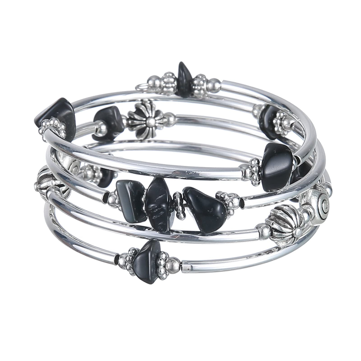 FULU AUTUMN Stone Silver Bangle Wrap Bracelet Boho Turquoise Crystal Chips Bead Bracelets Fashion Jewelry Birthday Gifts for Women(19-Black)