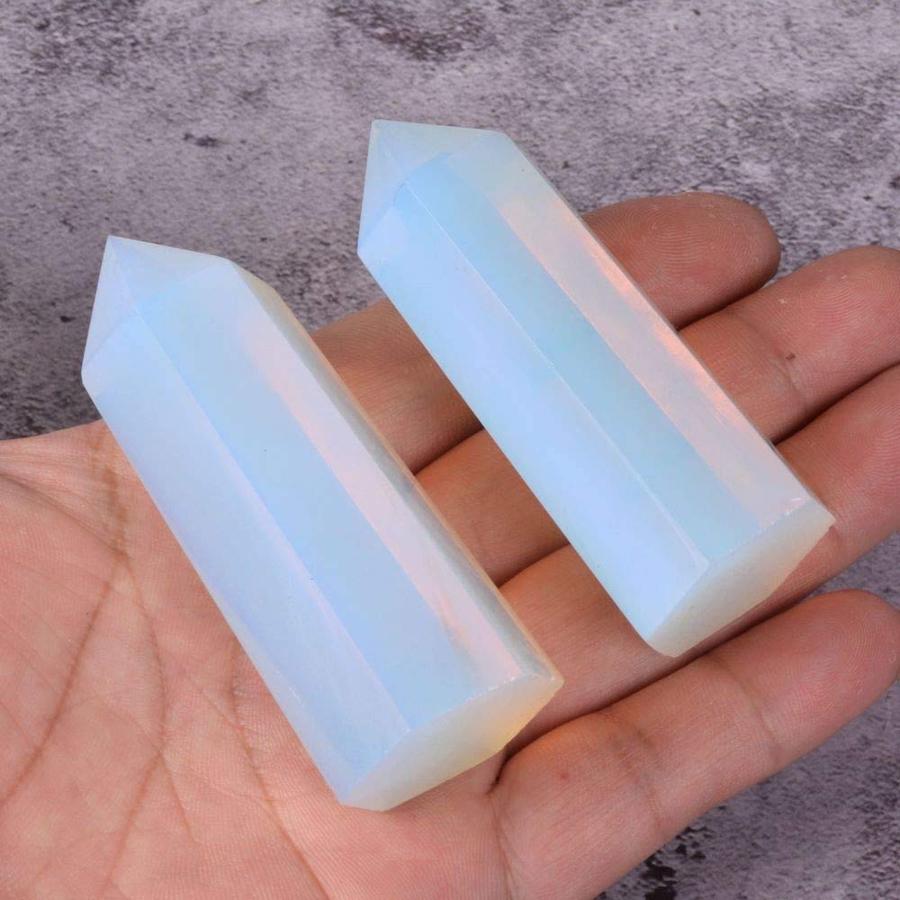 Angelstones Synthetic Opalite Moonstone Glass Healing Hexagonal Pointed Reiki Chakra Faceted Prism Wand Carved Figurine Home Decor