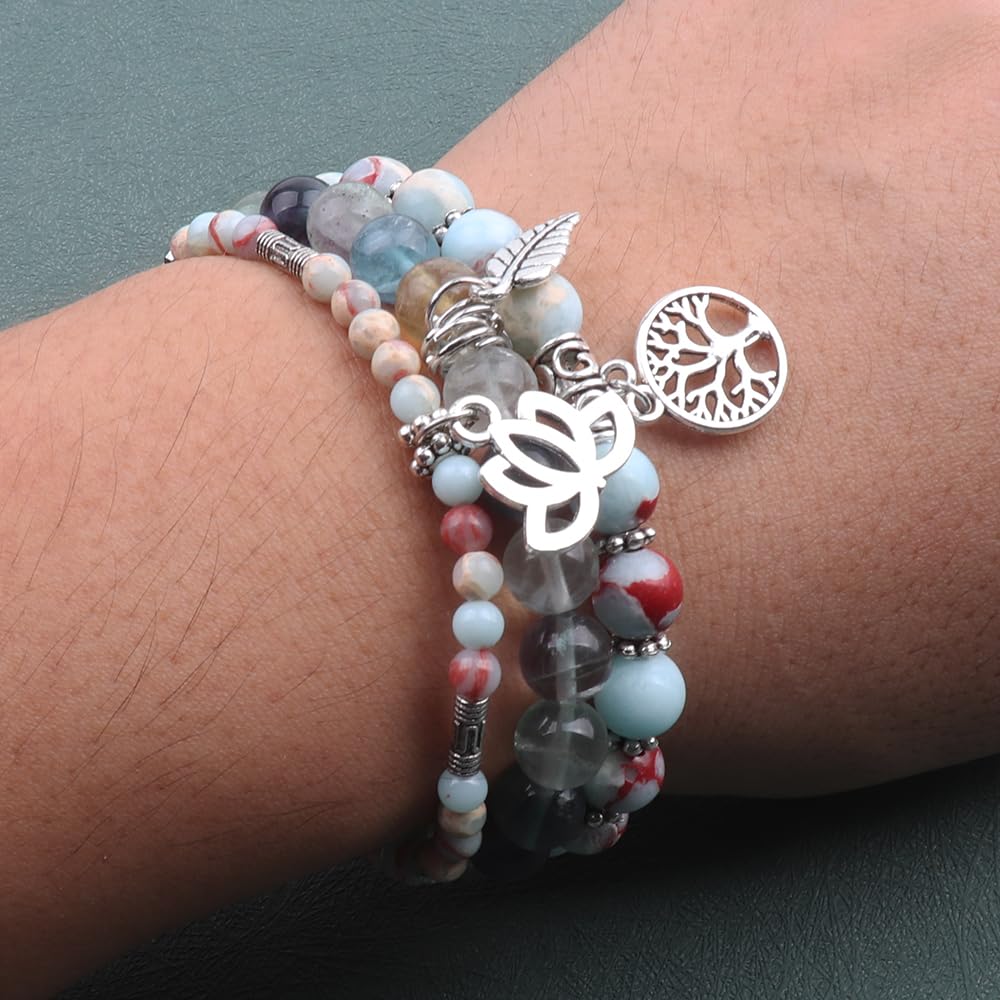 UEUC Tree of Life Yoga Healing Stone Bracelets, Multilayer Lotus Chakra Stone Reiki Bracelet Sets, Anxiety Crystal Natural Stone,for Women Stress Relief(#145)