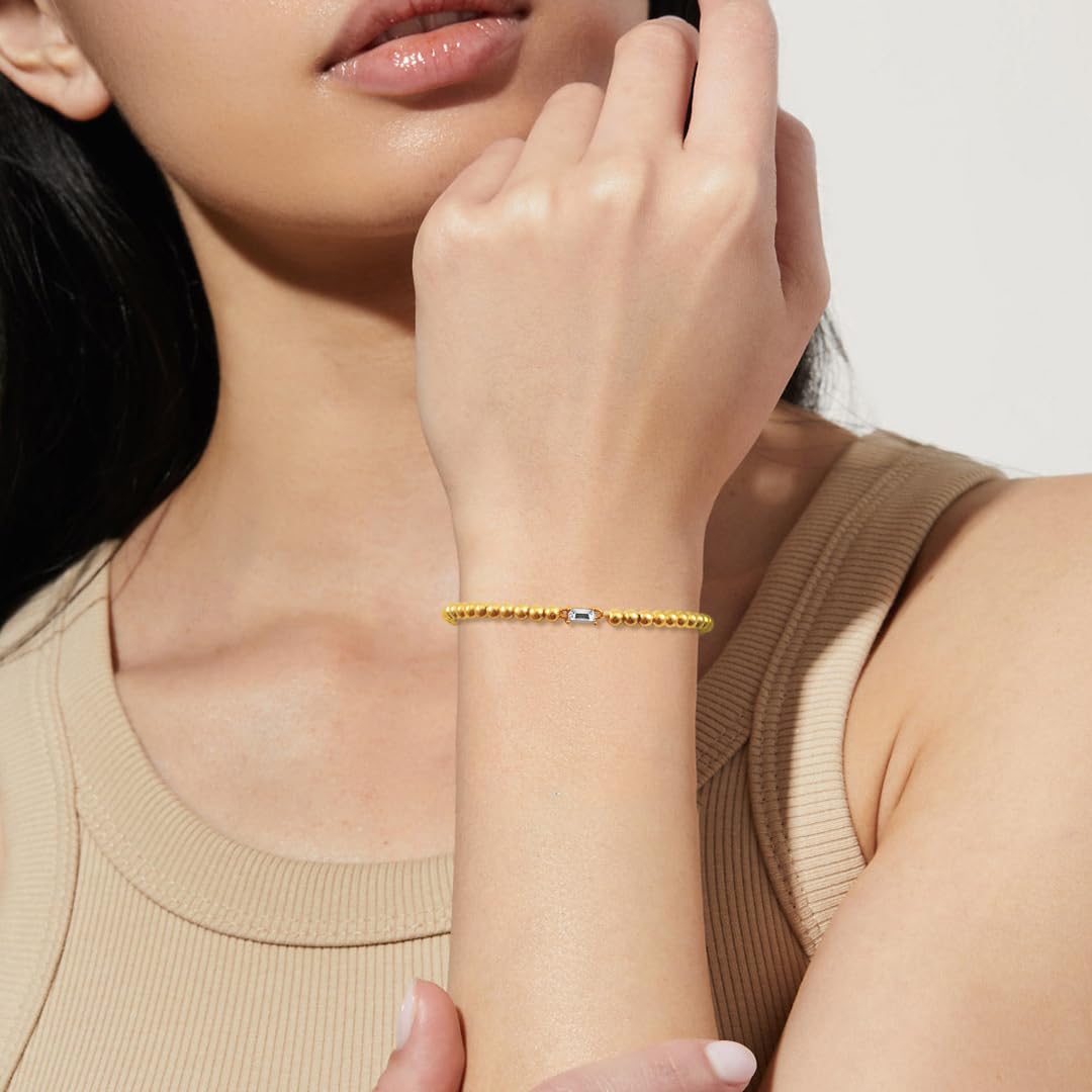 Free bird Gold Bracelets for Women, Dainty Gold Beaded Birthstone Bracelet with Baguette CZ 14K Gold Plated Stacking Birthstone Bracelets for Women,Pulsera para Mujer