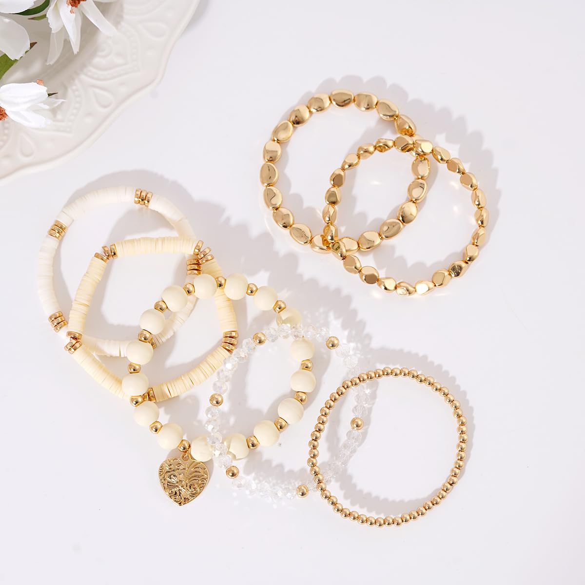 GOOJIDS Surfer Heishi Clay Bead Bracelets for Women Bohemian Stackable Gold Plated Beaded Stretch Bracelets Elastic Layering Friendship Bracelets Set Boho Jewelry