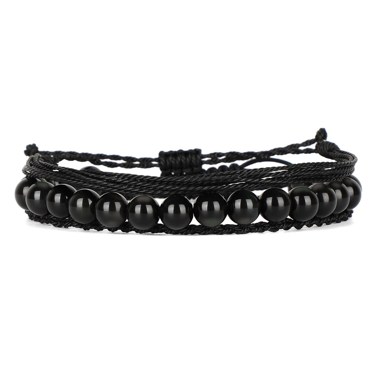 QOGIR Handmade Healing Stones Bracelet,8mm Natural Black Obsidian Gemstone Beads Bracelet,for Men Women Gifts with 2PCS Size Adjustable Rope Bracelets