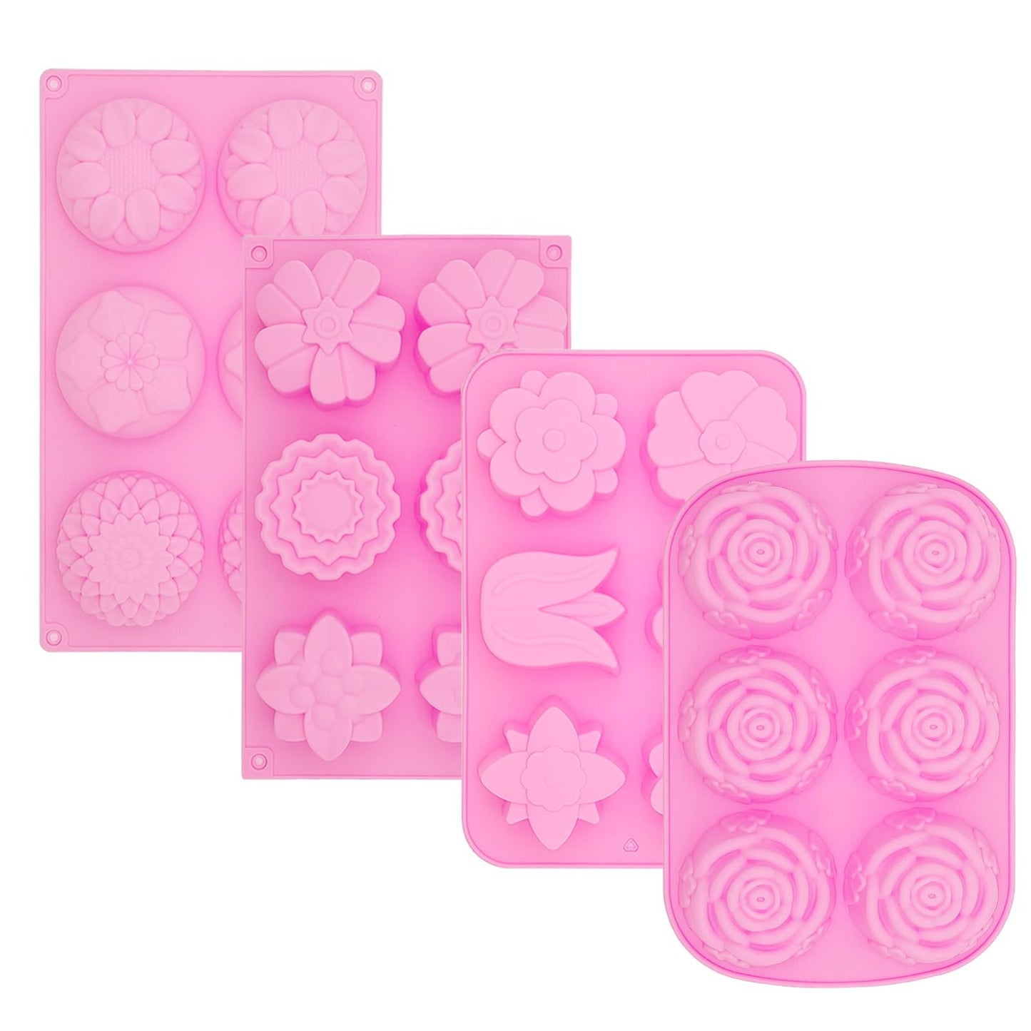 WOOPSOO 4 Pcs Flower Soap Molds Rose Silicone Molds Cake Molds Floral Chocolate Mold Set for Home Handmade DIY Candle Baking Tray Bars Wax Melts Tool