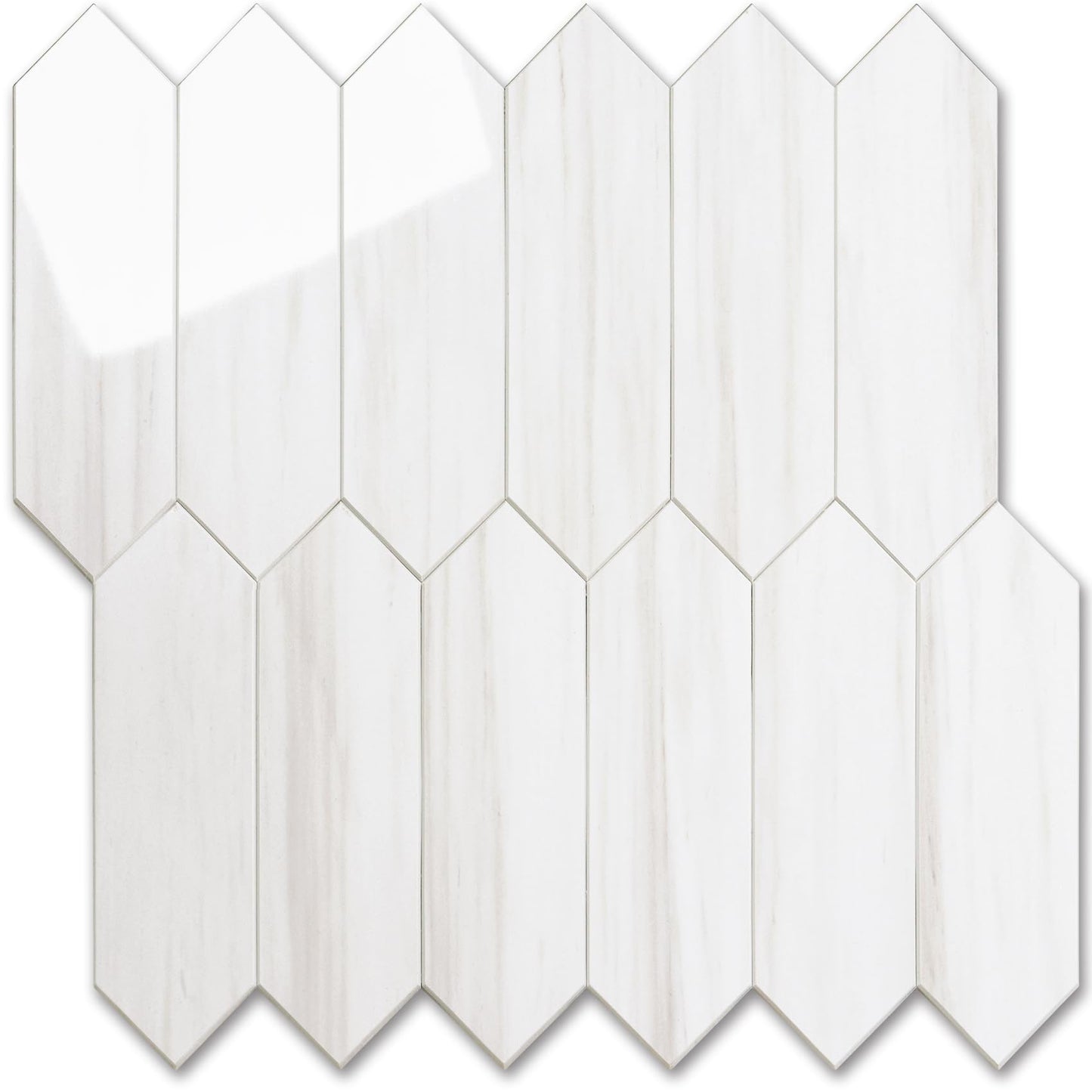 Vamos Tile 1 Sheet Glossy Dolomite White Backsplash Tile Peel and Stick, 12.8 x 12.8 Inch Long Hexagon PVC Self Adhesive Mosaic Wall Tiles Stick on Backsplash for Kitchen and Bathroom