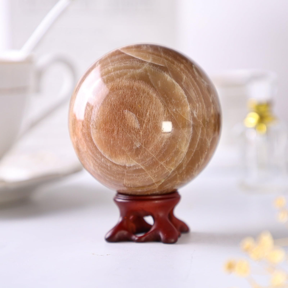 TUMBEELLUWA Orange Moonstone Crystal Ball with Stand for Fortune Teller Witchcraft Divination, Decorative Gemstone Sphere for Home Decor, 71-80 mm