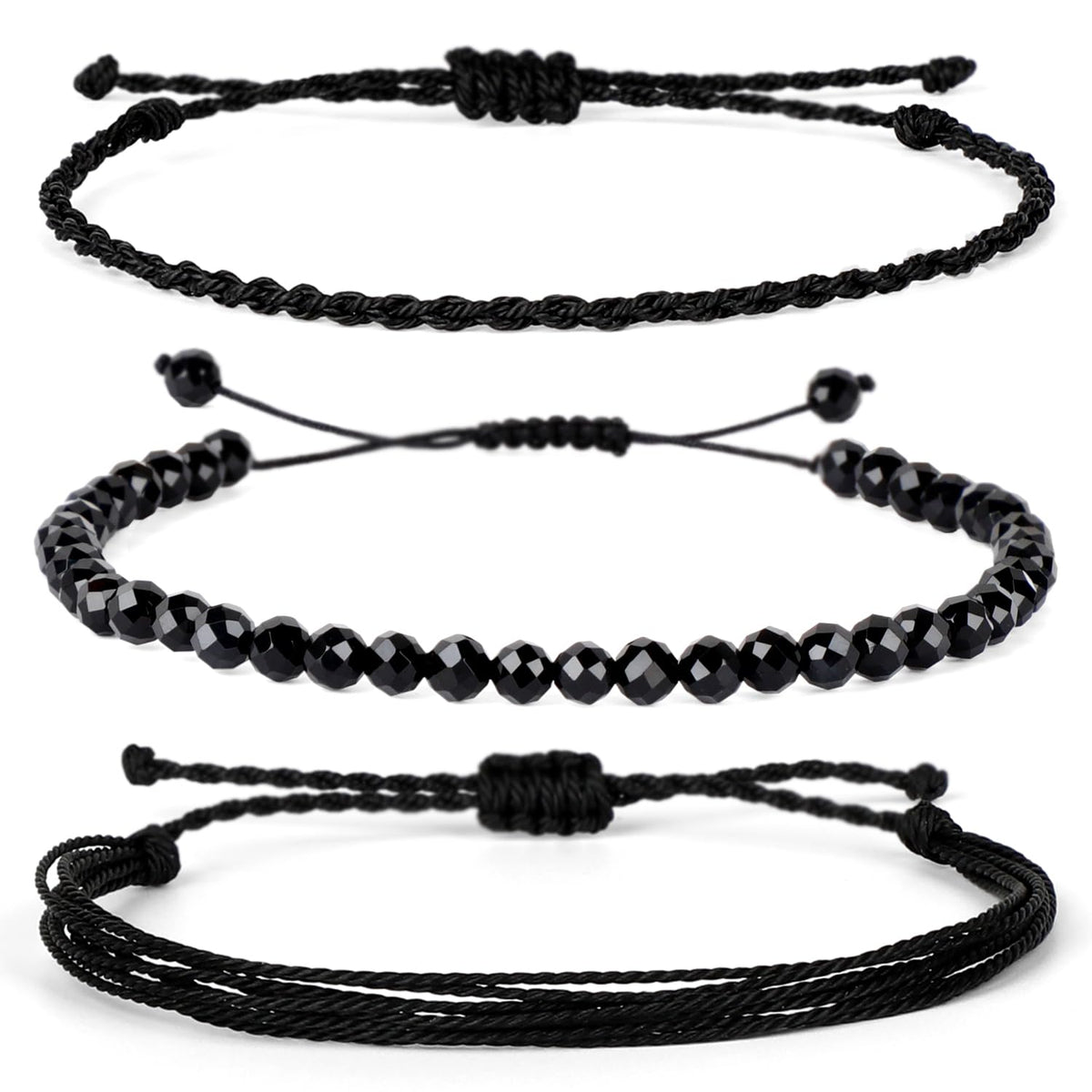 QOGIR Handmade Healing Bracelets,4mm Natural Faceted Black Onyx Gem Stone Beads Bracelet for Men Women Gifts with 2PCS Size Adjustable Rope Bracelets