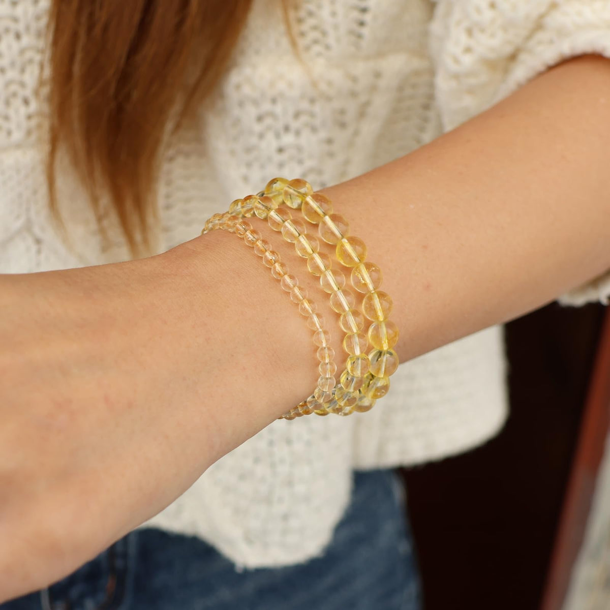 Risyfjew 3 PCS Natural Stone Citrine Beaded Bracelet 4mm 6mm 8mm Healing Crystal Stretch Bracelets Women Citrine Crystal Gifts for Women