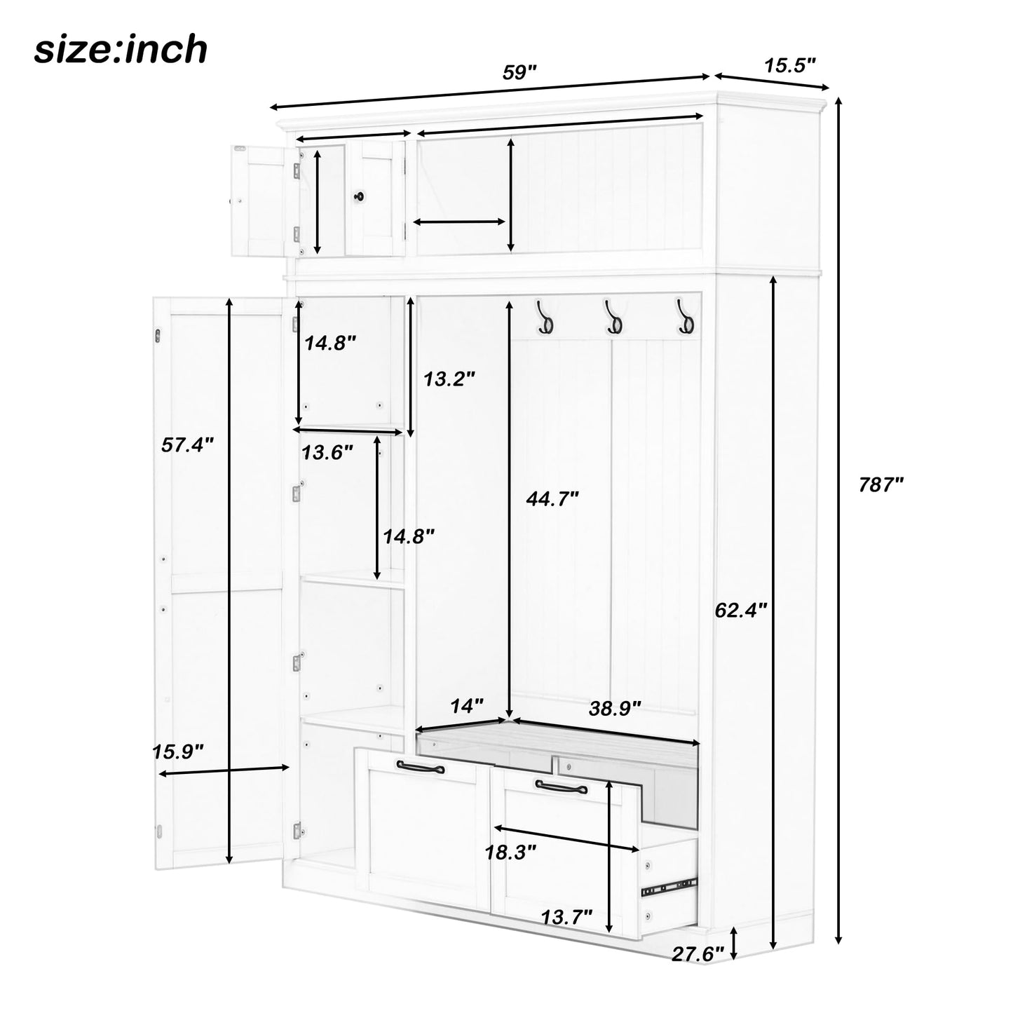 Merax 3-in-1 Hall Tree with Overhead Storage Cabinet, Adjustable Side Shelves,4 Hooks,2 Spacious Drawers,Grooved Back Panel Design, Contrasting Seat Bench,Multifunctional Entryway Organizer, White