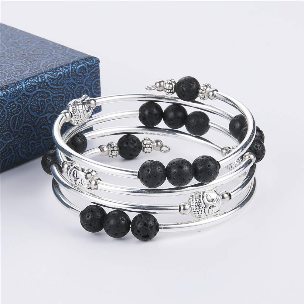 PEARL&CLUB Beaded Chakra Bangle Turquoise Bracelet - Fashion Jewelry Wrap Bracelet with Thick Silver Metal and Mala Beads, Birthday Gifts For Women(58-lava bead)