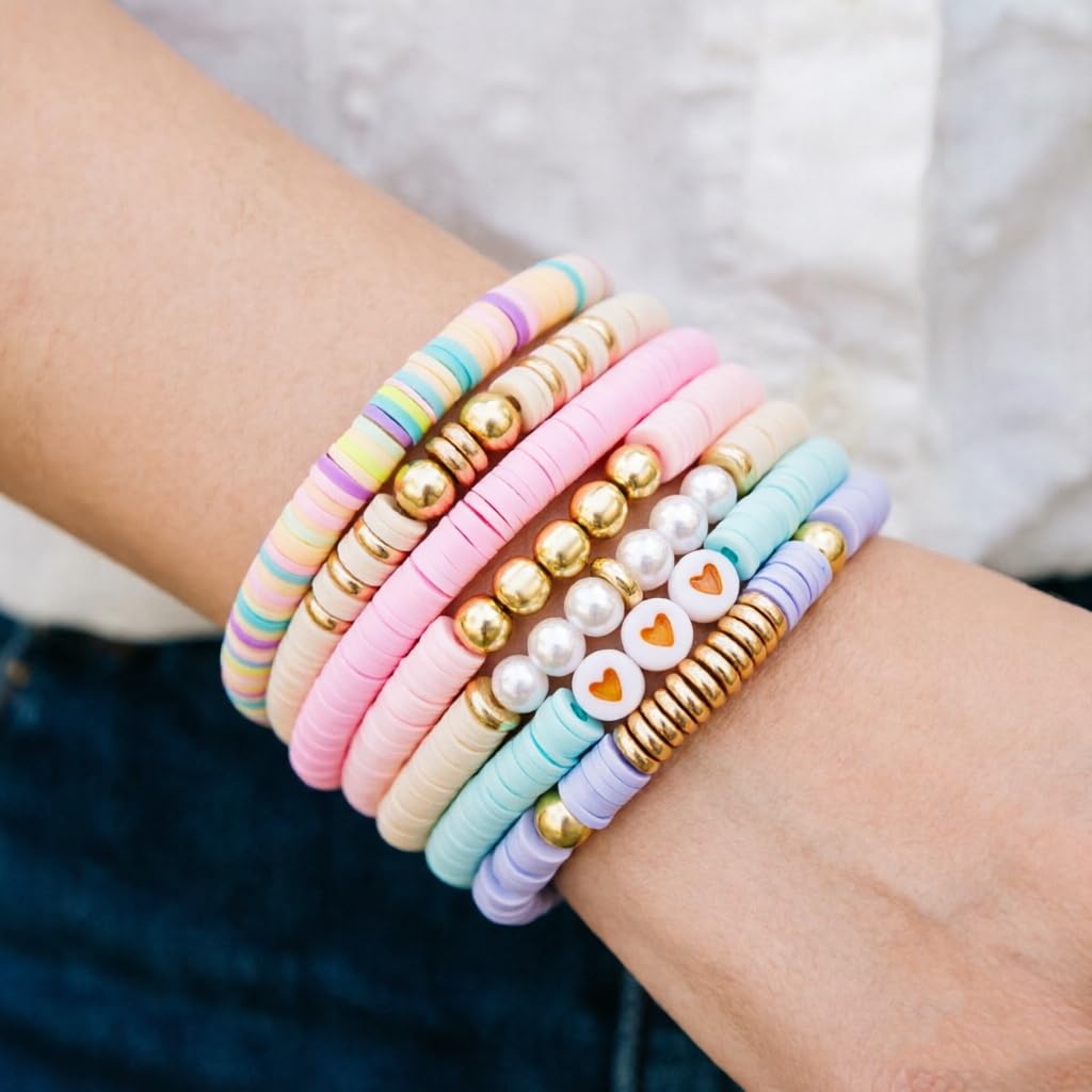 YEOSMINE Boho Heishi Clay Beaded Stretch Bracelets Stack For Women, Preppy Teens Friendship Gold Bracelets Cute Beach Surfer Accessories Bulk Set Trendy Fashion Jewelry