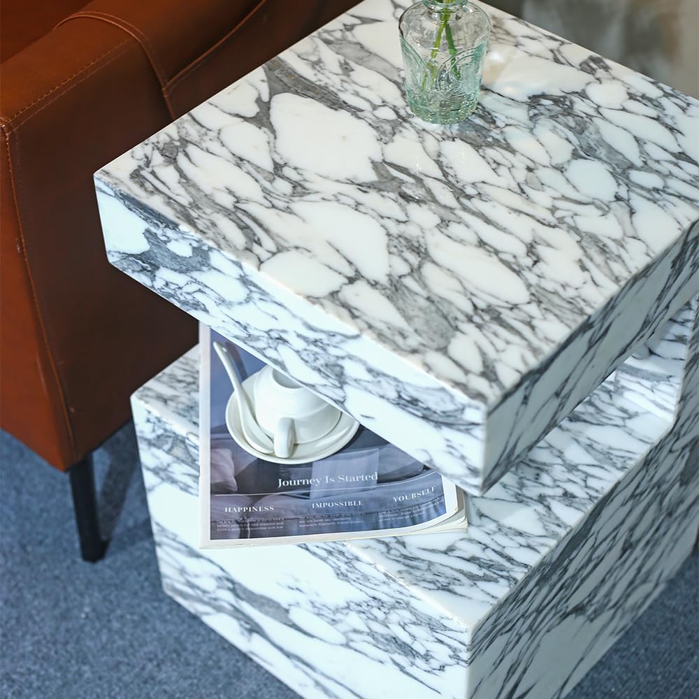 Natural Marble C-Shaped End Table, Luxurious Handmade Coffee Table Suitable for for Living Room Bedroom Bathroom Small Spaces, No Installation Marble Sofa Table for Modern Home Decor