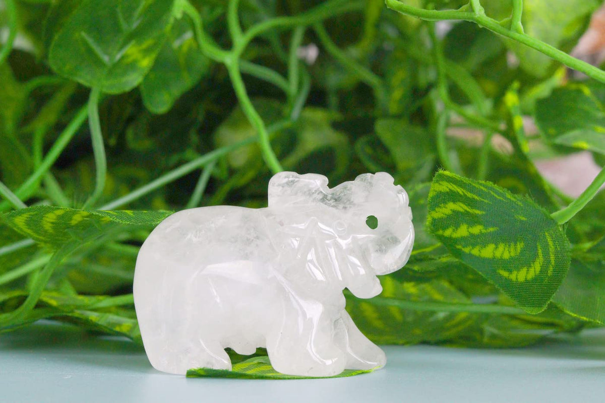 2" Clear Quartz Elephant Decor Healing Crystal Cute White Polished Natural Stone Hand-Carved Big Sculpture Statue Figurines Gemstone Energy Hippie Home Room Office Desk Decoration Gifts for Women Men