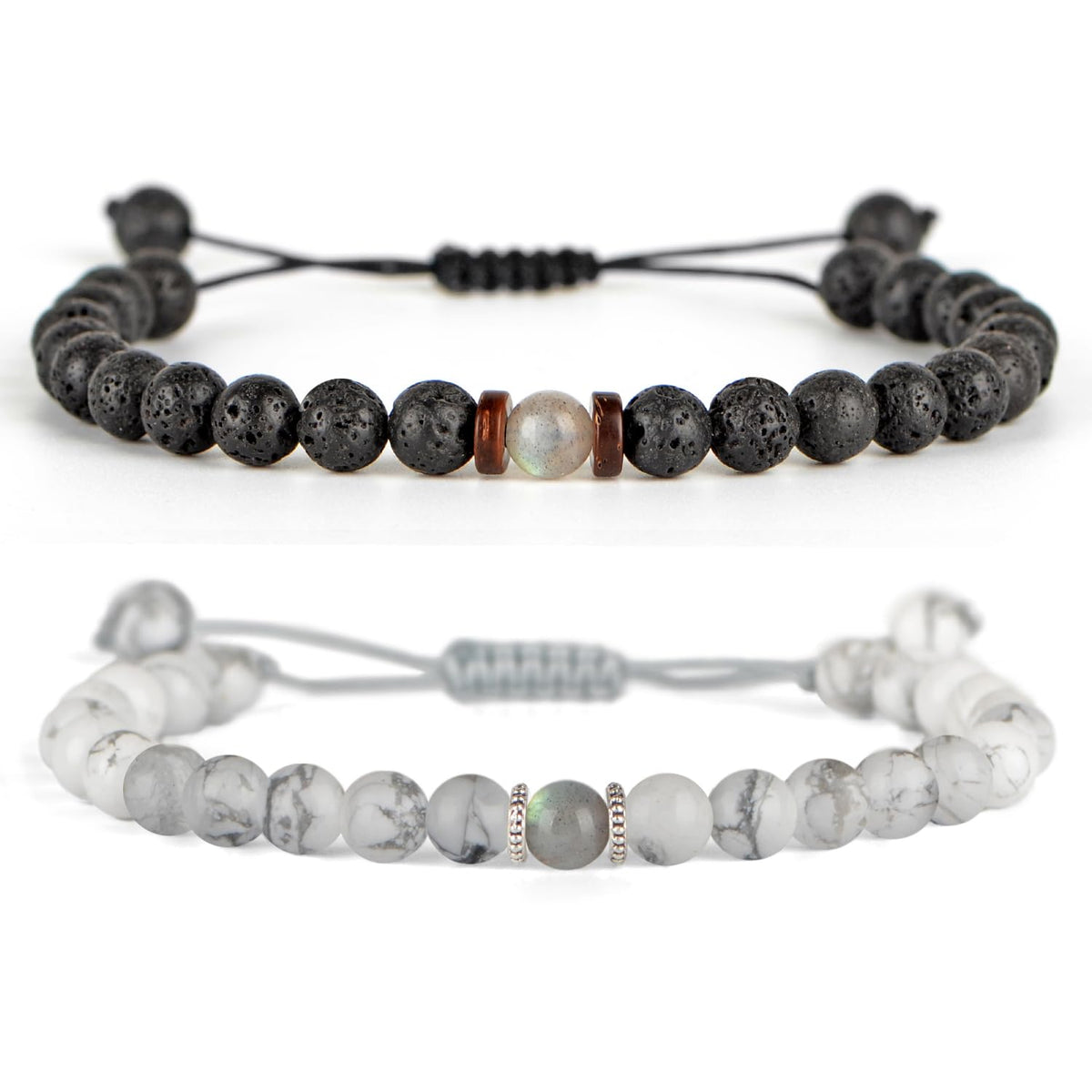 QOGIR Matching Couples Bracelets Natural White Howlite Black Lava Adjustable String Bracelet