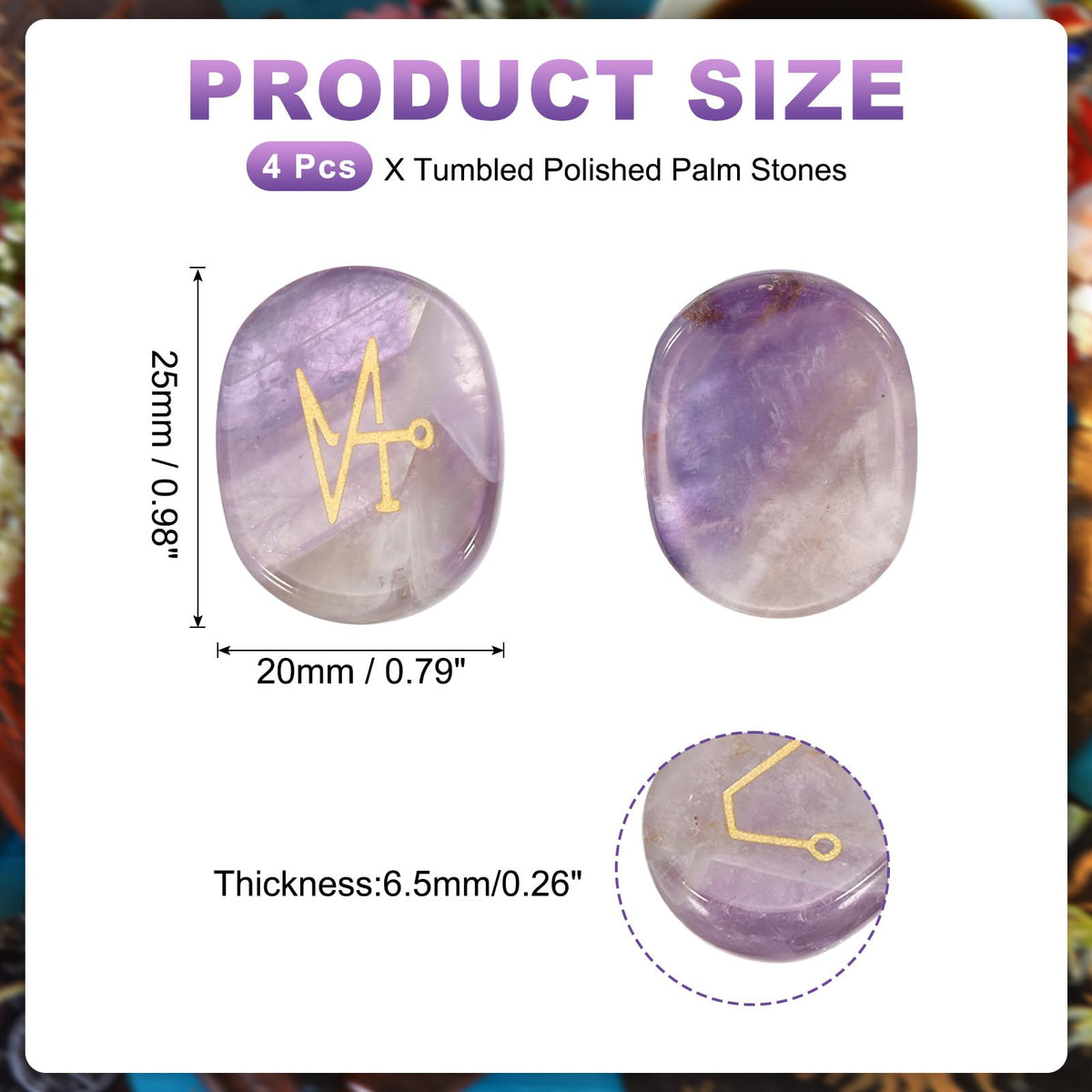 MECCANIXITY 4Pcs Engraved Chakra Stones with Reiki Symbols, Amethyst Reiki Healing Crystal Gemstone 7 Chakra Crystal Stones Tumbled Palm Stone for Anxiety Relieve