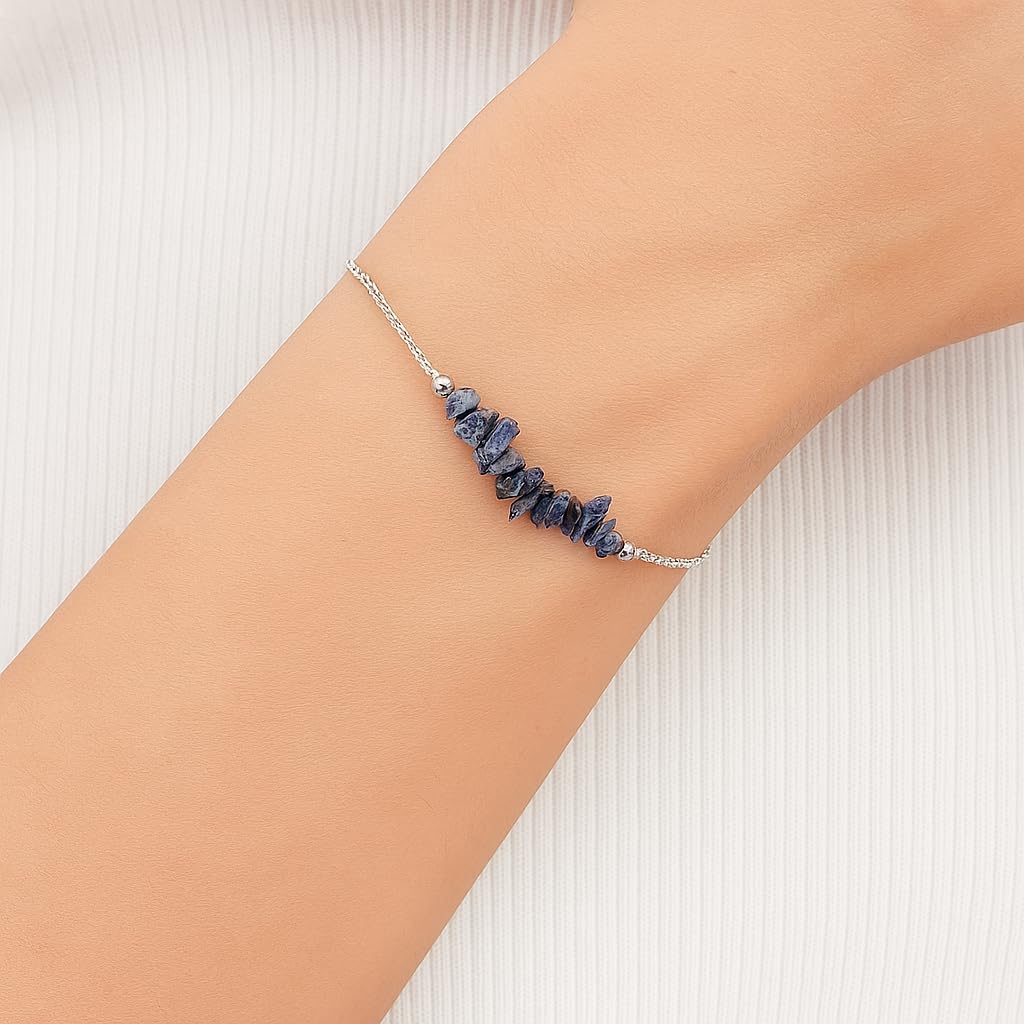 Gemimpression Handmade Bar Bracelet – Natural Sodalite Chip Nuggets – Energy Healing & Clarity – Silver Plated Adjustable Chain – Boho Chic – 8 Inch Adjustable – Christmas Gift