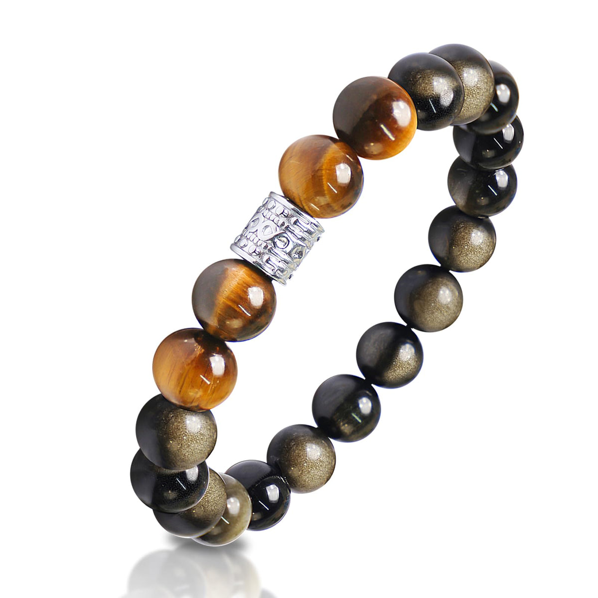 Tiger Eye Obsidian Beaded Bracelets For Men Gemstone Bracelets For Men &Women Fashion Natural Stone Men‘s Jewelry (black gold& yellow)