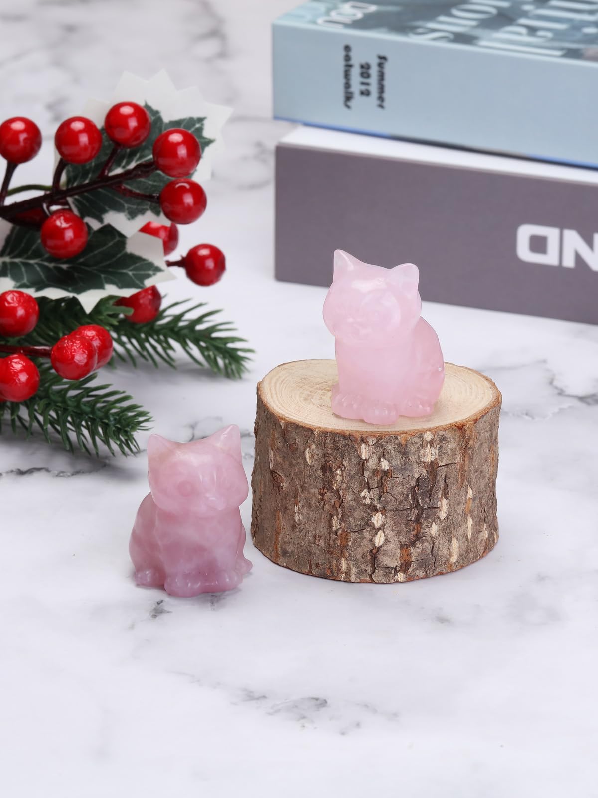 CrystalTears Rose Quartz Crystal Cat Figurine Carved Healing Crystal Gemstone Cat Lucky Cute Stone Cat Statue for Home Office Desk Meditation Decor Crystal Gifts for Women Men Cat Lover Christmas
