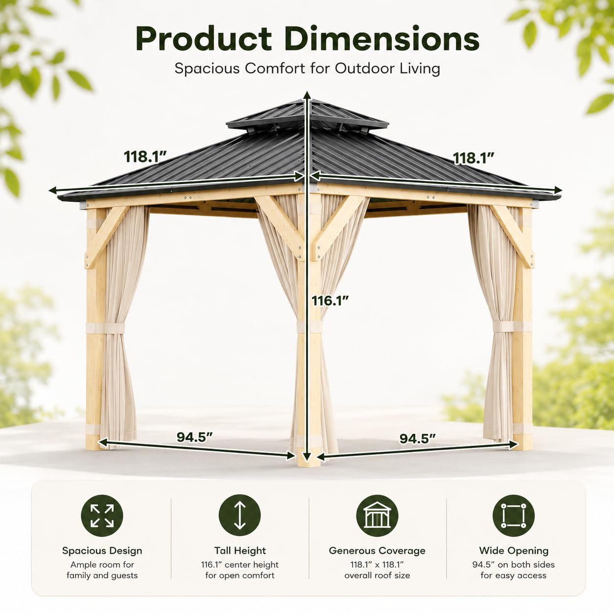 10x10 FT Hardtop Gazebo Outdoor Wooden Pavilion with Cedar Wood Frame Double Galvanized Steel Roof Netting and Curtains Heavy Duty Weather Resistant Patio Shelter for Garden Backyard Khaki
