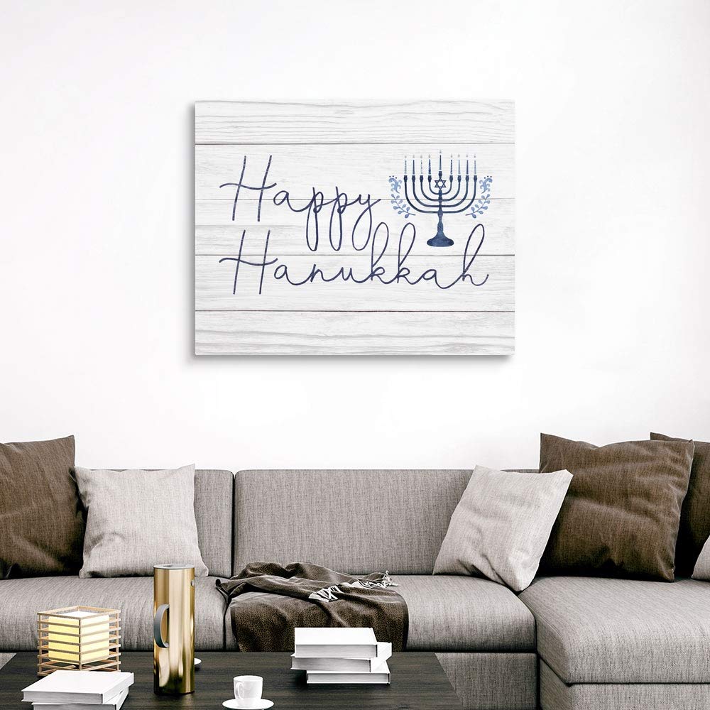 CANVAS ON DEMAND Happy Hanukkah On Barnwood Canvas Wall Art Print by Victoria Borges, Home Decor, Hanukkah, Holiday Artwork,45" x36in