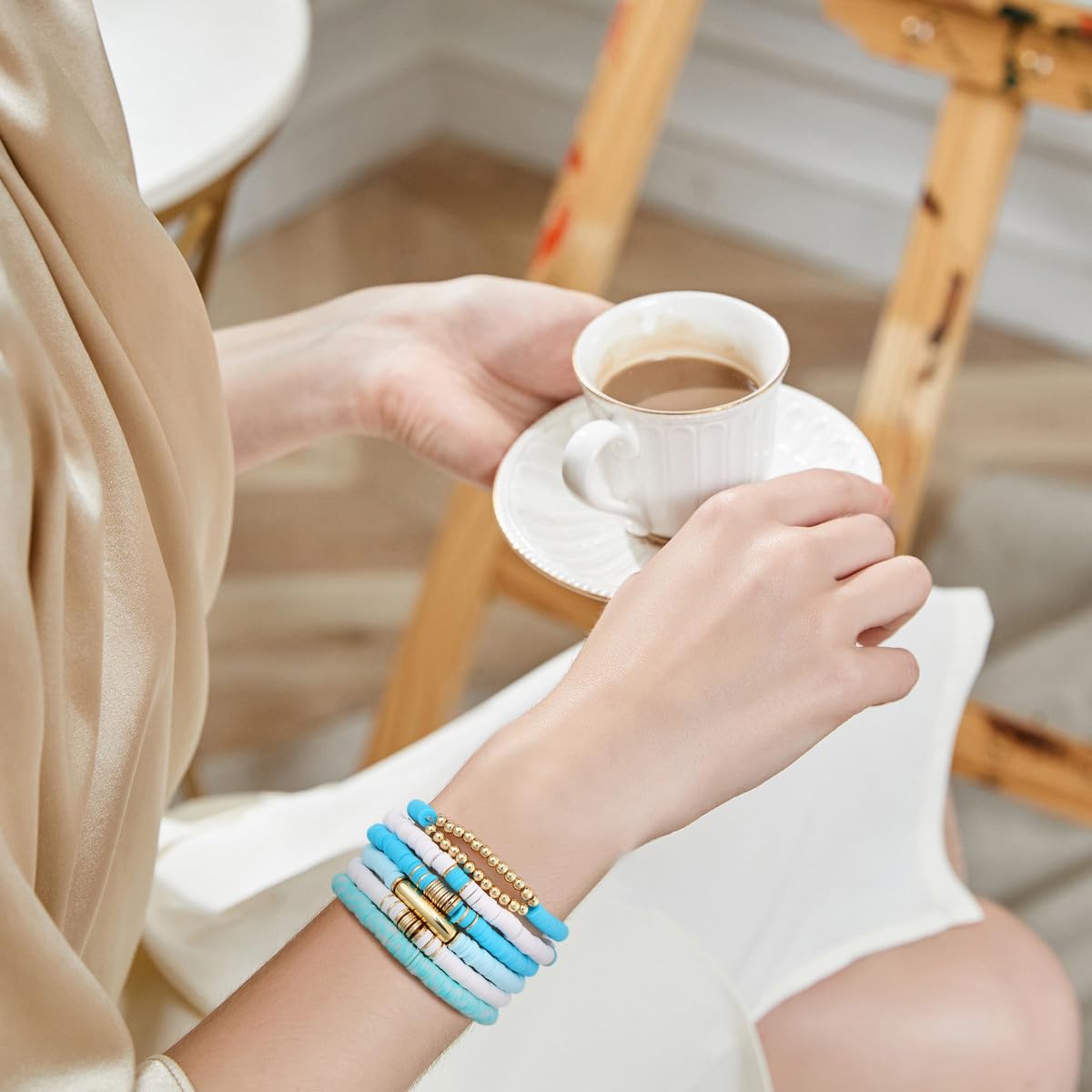 GOOJIDS Surfer Heishi Clay Bead Bracelets for Women Bohemian Stackable Gold Plated Beaded Stretch Bracelets Elastic Layering Friendship Bracelets Set Boho Jewelry