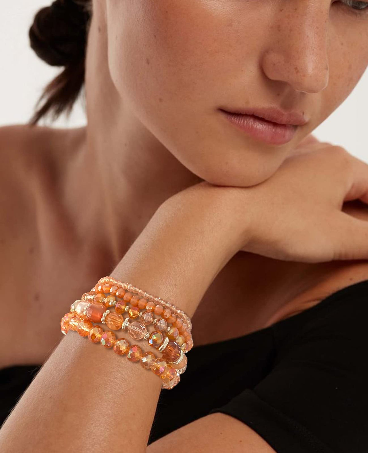 Noessla Beaded Boho Stretch Bracelet Colorful Stackable Crystal Beads Bracelets Trendy Costume Jewelry Mothers Day Gifts for Women(21-Orange)