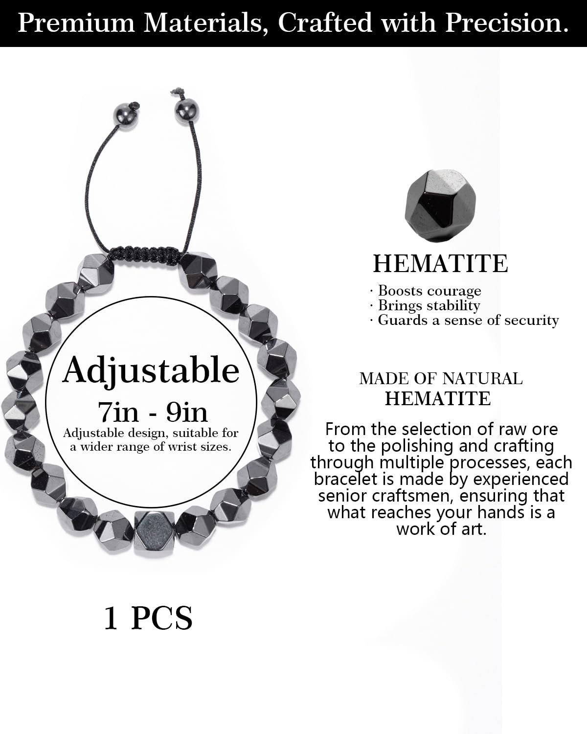 Crystery Beaded Bracelet for Men, 10mm Natural Stones Bracelet for Men's Gift, Adjustable Precision-Cut Gemstone Crystal Healing Bracelet, Protection Jewelry Gift with Hematite, Tiger Eye (Hematite)
