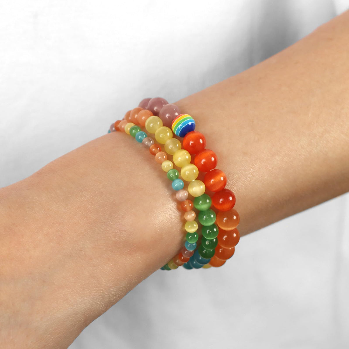 Risyfjew 3 PCS Healing Crystal Rainbow Bracelets for Women 8mm Natural Stone Beaded Stretch Bracelet Pride Jewelry Gifts
