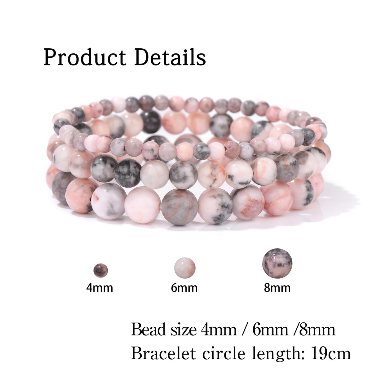 Risyfjew 3 PCS Natural Stone Beaded Stretch Bracelet 4mm 6mm 8mm Healing Crystal Bracelets Women Pink Zebra Jasper Jewelry Gift